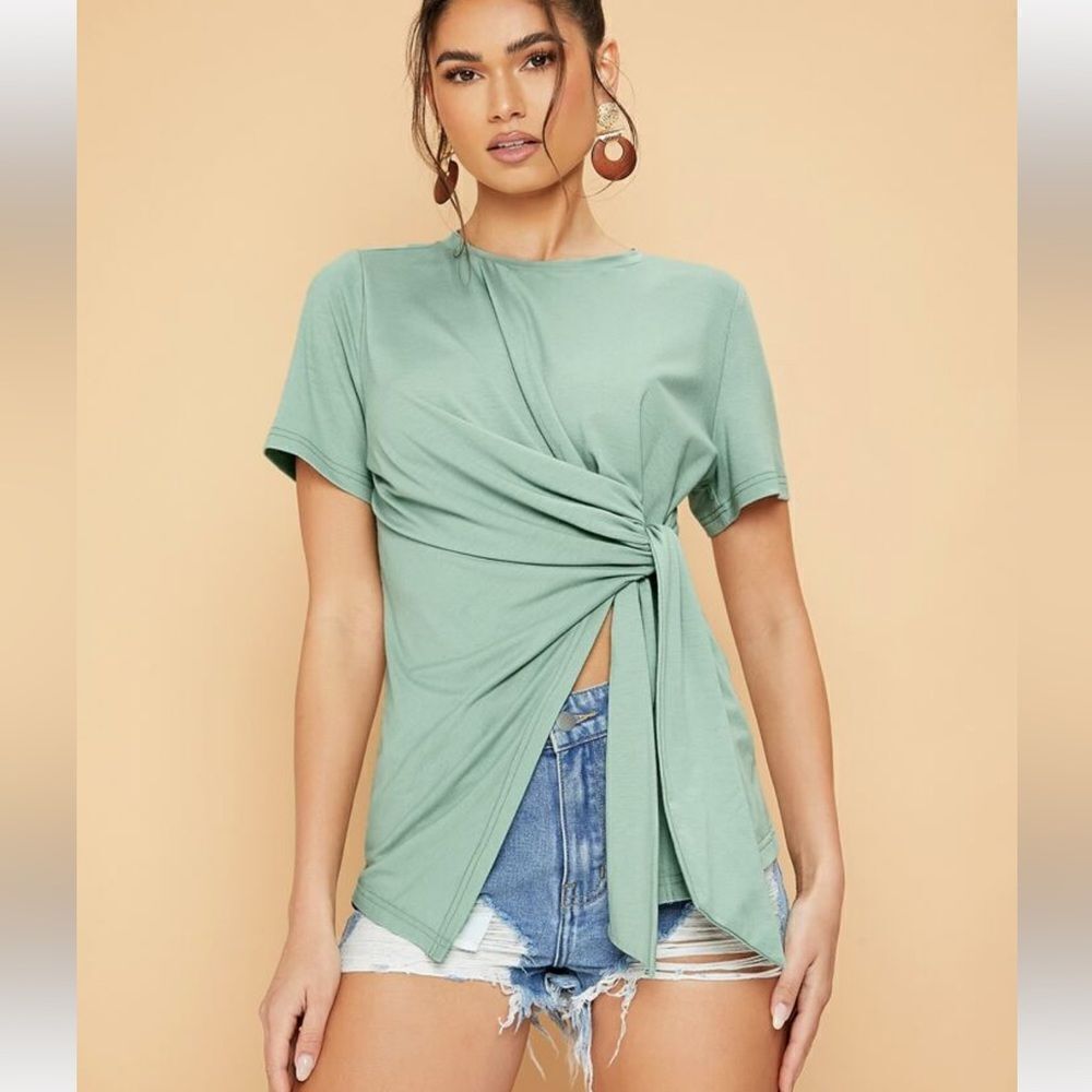 Shein curve prive side tie‎ front solid pale green tee sz 3XL short sleeve